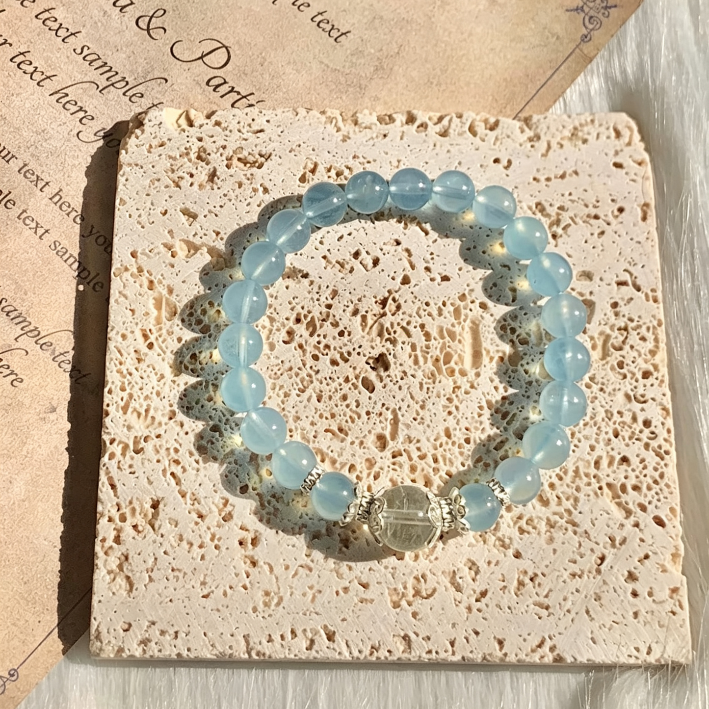 Aquamarine Beaded Bracelet With Clear Quartz Accent For Women