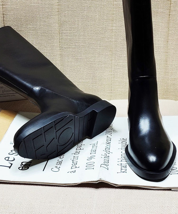 Sleek Black Knee‑High Leather Boots, Minimalist Flat Knee High Boots for Women Daily & Formal Outfits