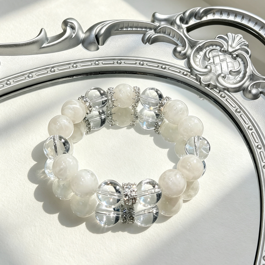 White Round Beaded Bracelet With Clear Quartz & Rhinestone Ornament For Women