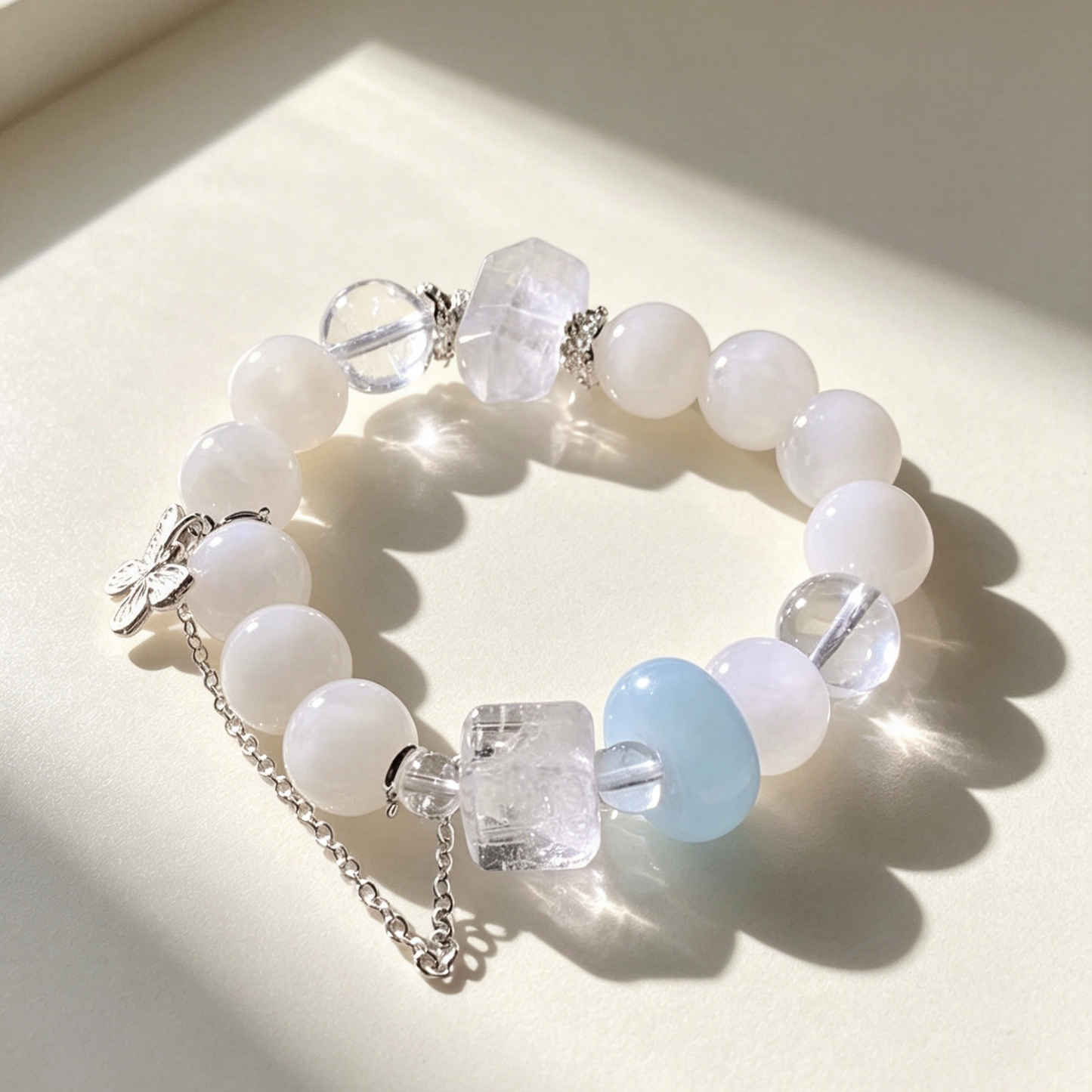 White Chalcedony & Clear Quartz Beaded Bracelet With