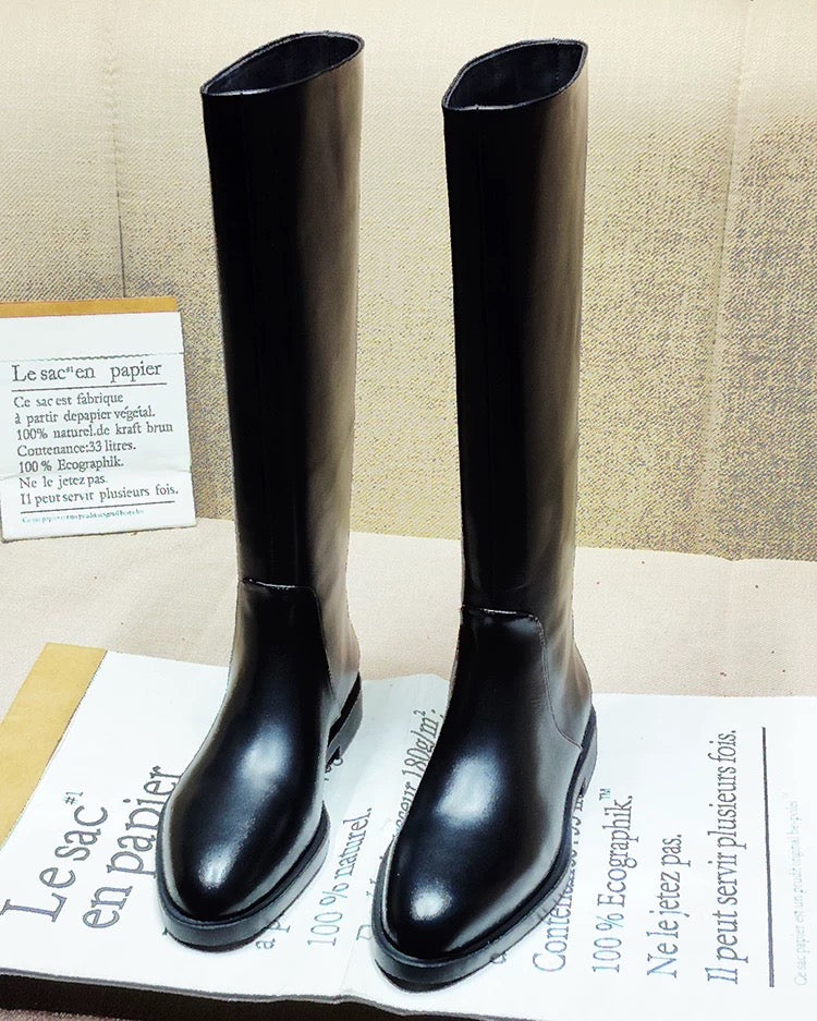 Sleek Black Knee‑High Leather Boots, Minimalist Flat Knee High Boots for Women Daily & Formal Outfits