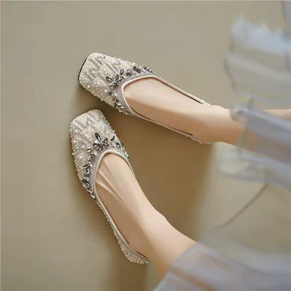 Pearl Rhinestone Embellished Flat Shoes, Elegant Slip‑on Flats for Wedding & Party
