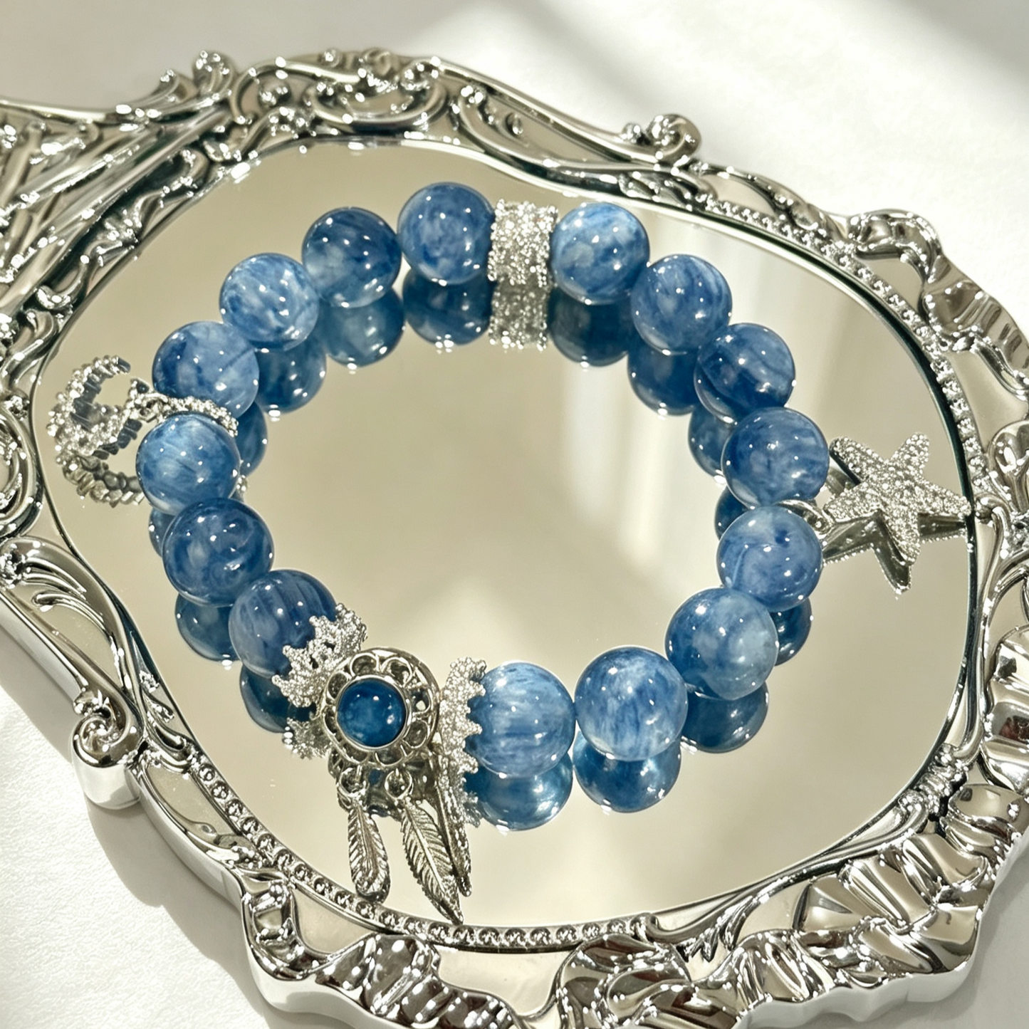 Deep Blue Beaded Bracelet With Star & Feather Silver Charm For Women