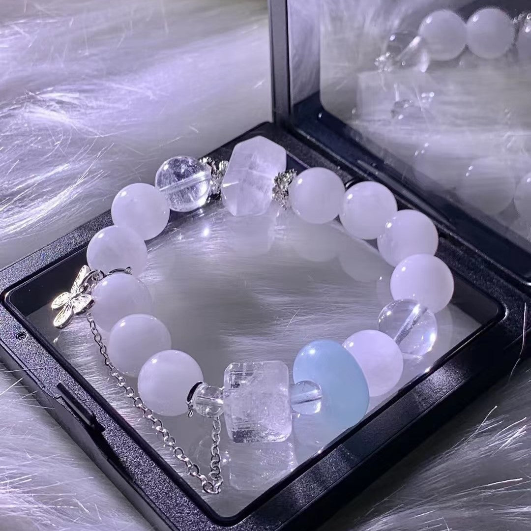 White Chalcedony & Clear Quartz Beaded Bracelet With