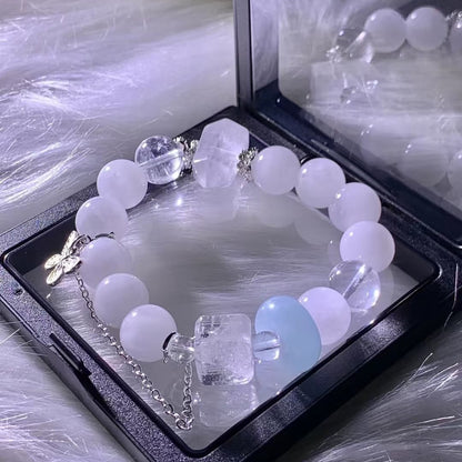 White Chalcedony & Clear Quartz Beaded Bracelet With