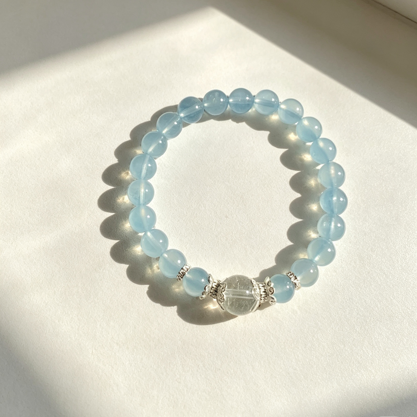 Aquamarine Beaded Bracelet With Clear Quartz Accent For Women