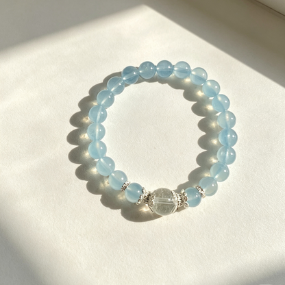 Aquamarine Beaded Bracelet With Clear Quartz Accent For Women