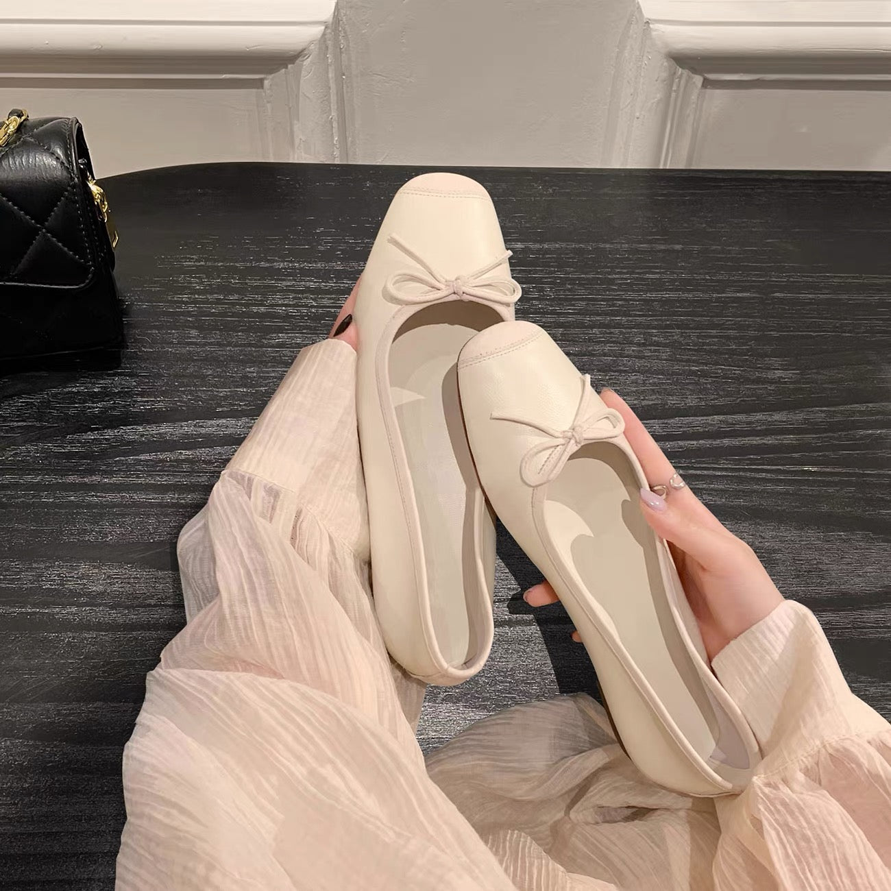 Bow‑Accent Color‑Block Ballet Flats, Soft Square Toe Flat Shoes for Daily & Casual Occasions