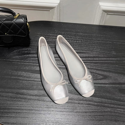 Bow‑Accent Color‑Block Ballet Flats, Soft Square Toe Flat Shoes for Daily & Casual Occasions