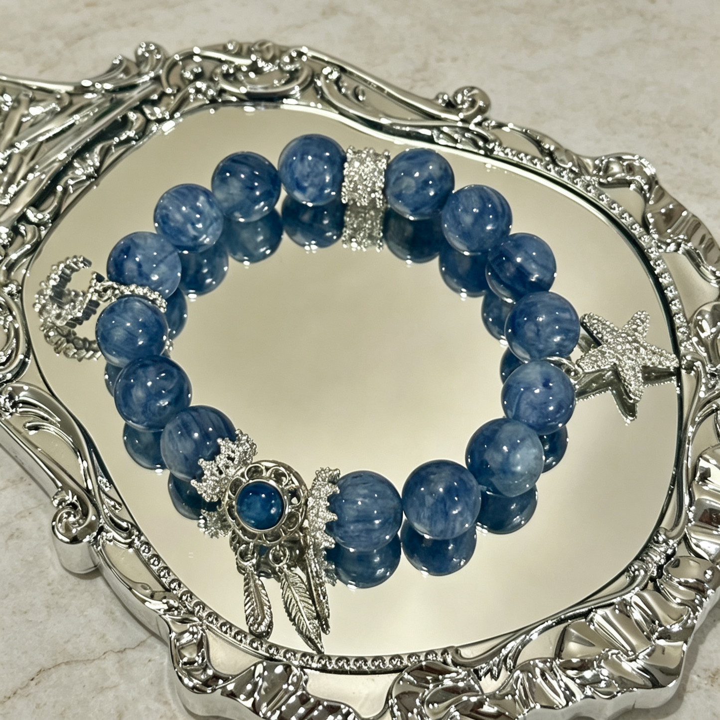 Deep Blue Beaded Bracelet With Star & Feather Silver Charm For Women