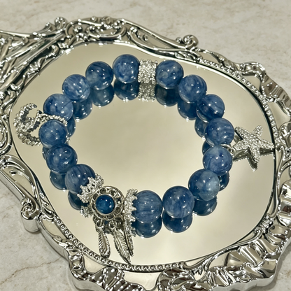 Deep Blue Beaded Bracelet With Star & Feather Silver Charm For Women