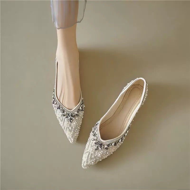 Pearl Rhinestone Embellished Flat Shoes, Elegant Slip‑on Flats for Wedding & Party
