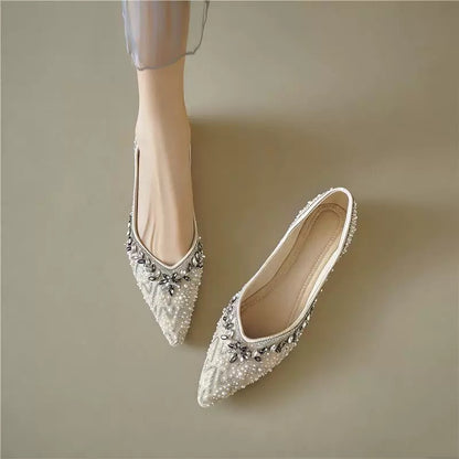 Pearl Rhinestone Embellished Flat Shoes, Elegant Slip‑on Flats for Wedding & Party