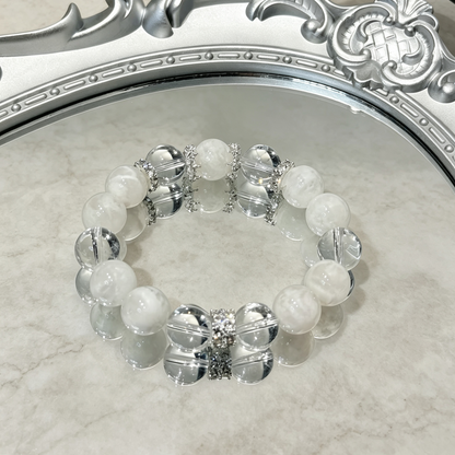 White Round Beaded Bracelet With Clear Quartz & Rhinestone Ornament For Women