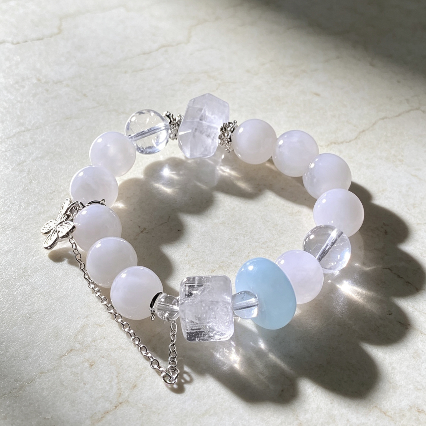 White Chalcedony & Clear Quartz Beaded Bracelet With