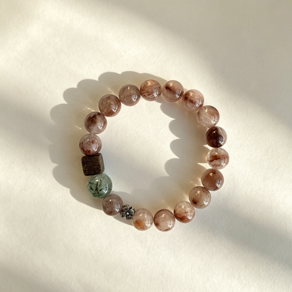 Brown Rutile & Green Moss Agate Wooden Bead Bracelet For Women
