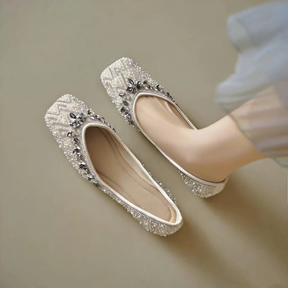 Pearl Rhinestone Embellished Flat Shoes, Elegant Slip‑on Flats for Wedding & Party