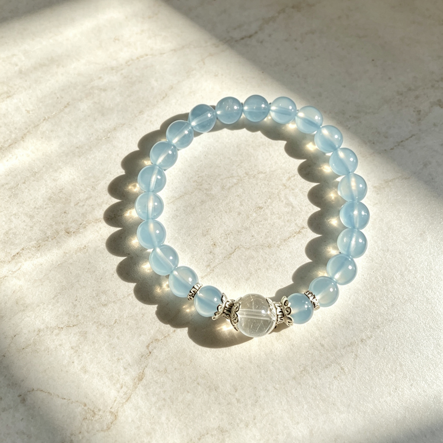 Aquamarine Beaded Bracelet With Clear Quartz Accent For Women