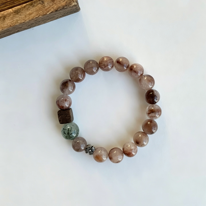 Brown Rutile & Green Moss Agate Wooden Bead Bracelet For Women