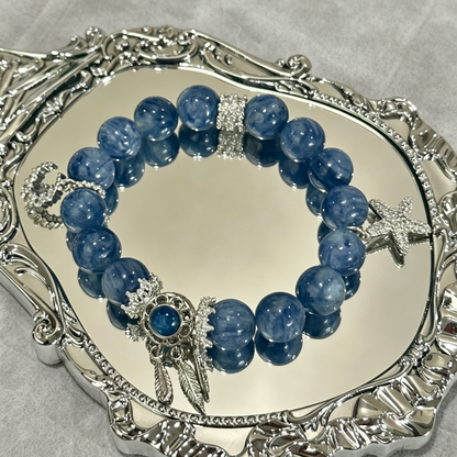 Deep Blue Beaded Bracelet With Star & Feather Silver Charm For Women