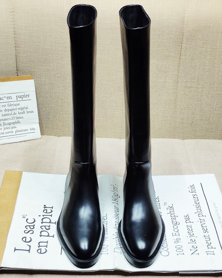 Sleek Black Knee‑High Leather Boots, Minimalist Flat Knee High Boots for Women Daily & Formal Outfits