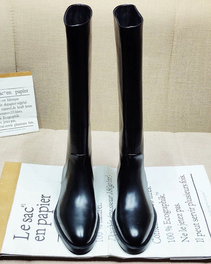 Sleek Black Knee‑High Leather Boots, Minimalist Flat Knee High Boots for Women Daily & Formal Outfits