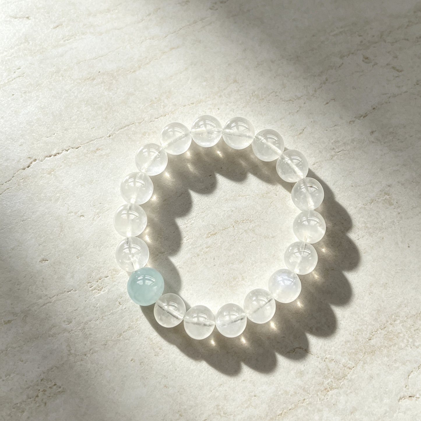 Clear Quartz Beaded Bracelet With Light Blue Accent Bead For Women
