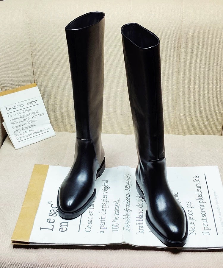Sleek Black Knee‑High Leather Boots, Minimalist Flat Knee High Boots for Women Daily & Formal Outfits