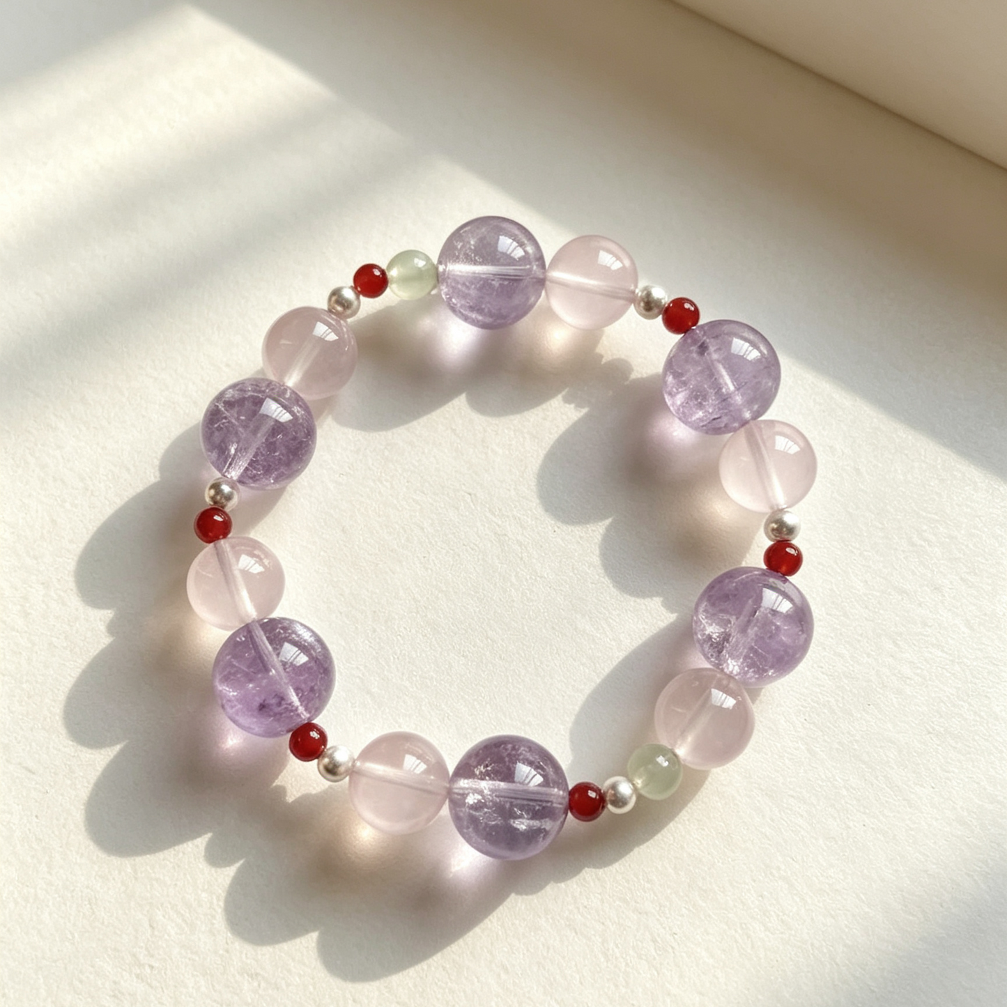 Light Purple & Pink Mixed Beaded Bracelet With Red Accent Beads For Women