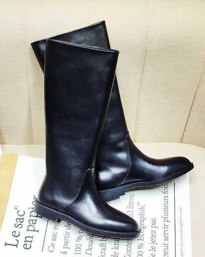 Sleek Black Knee‑High Leather Boots, Minimalist Flat Knee High Boots for Women Daily & Formal Outfits