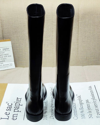 Sleek Black Knee‑High Leather Boots, Minimalist Flat Knee High Boots for Women Daily & Formal Outfits