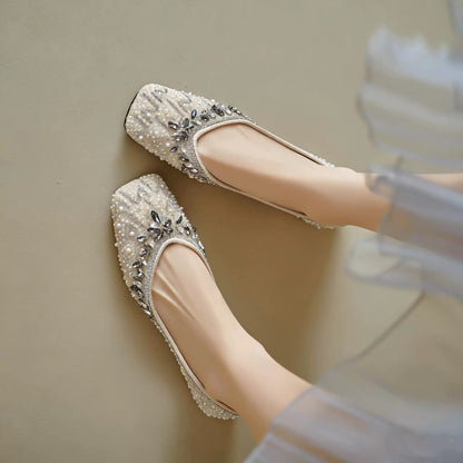 Pearl Rhinestone Embellished Flat Shoes, Elegant Slip‑on Flats for Wedding & Party