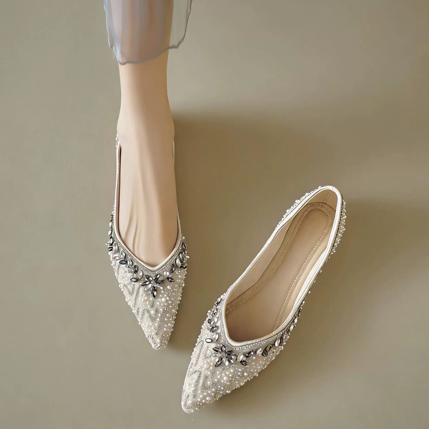 Pearl Rhinestone Embellished Flat Shoes, Elegant Slip‑on Flats for Wedding & Party