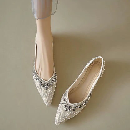 Pearl Rhinestone Embellished Flat Shoes, Elegant Slip‑on Flats for Wedding & Party