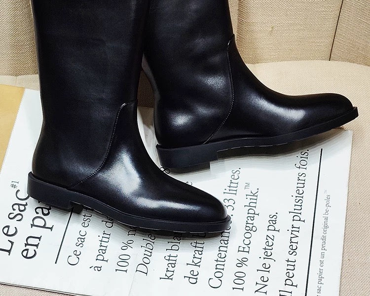 Sleek Black Knee‑High Leather Boots, Minimalist Flat Knee High Boots for Women Daily & Formal Outfits