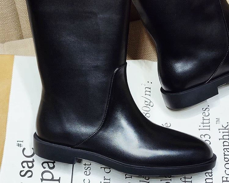 Sleek Black Knee‑High Leather Boots, Minimalist Flat Knee High Boots for Women Daily & Formal Outfits