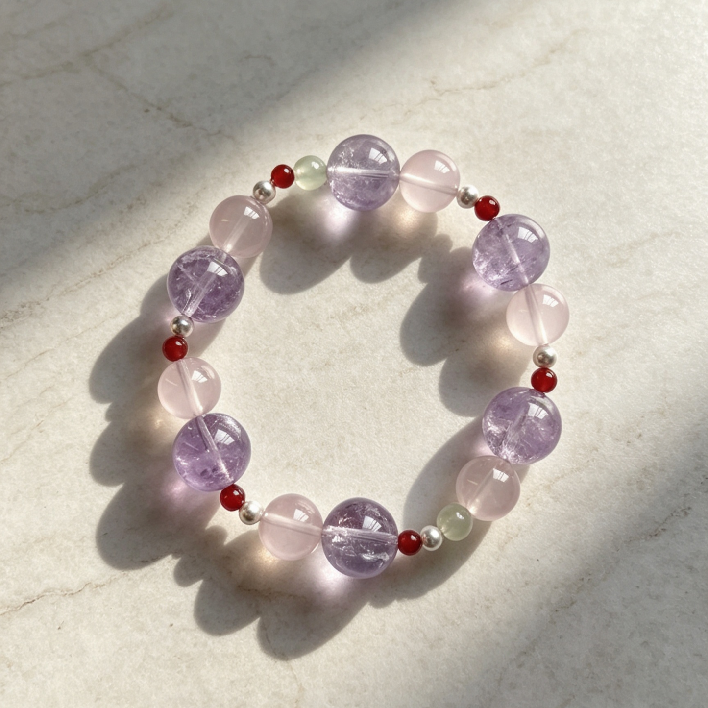 Light Purple & Pink Mixed Beaded Bracelet With Red Accent Beads For Women